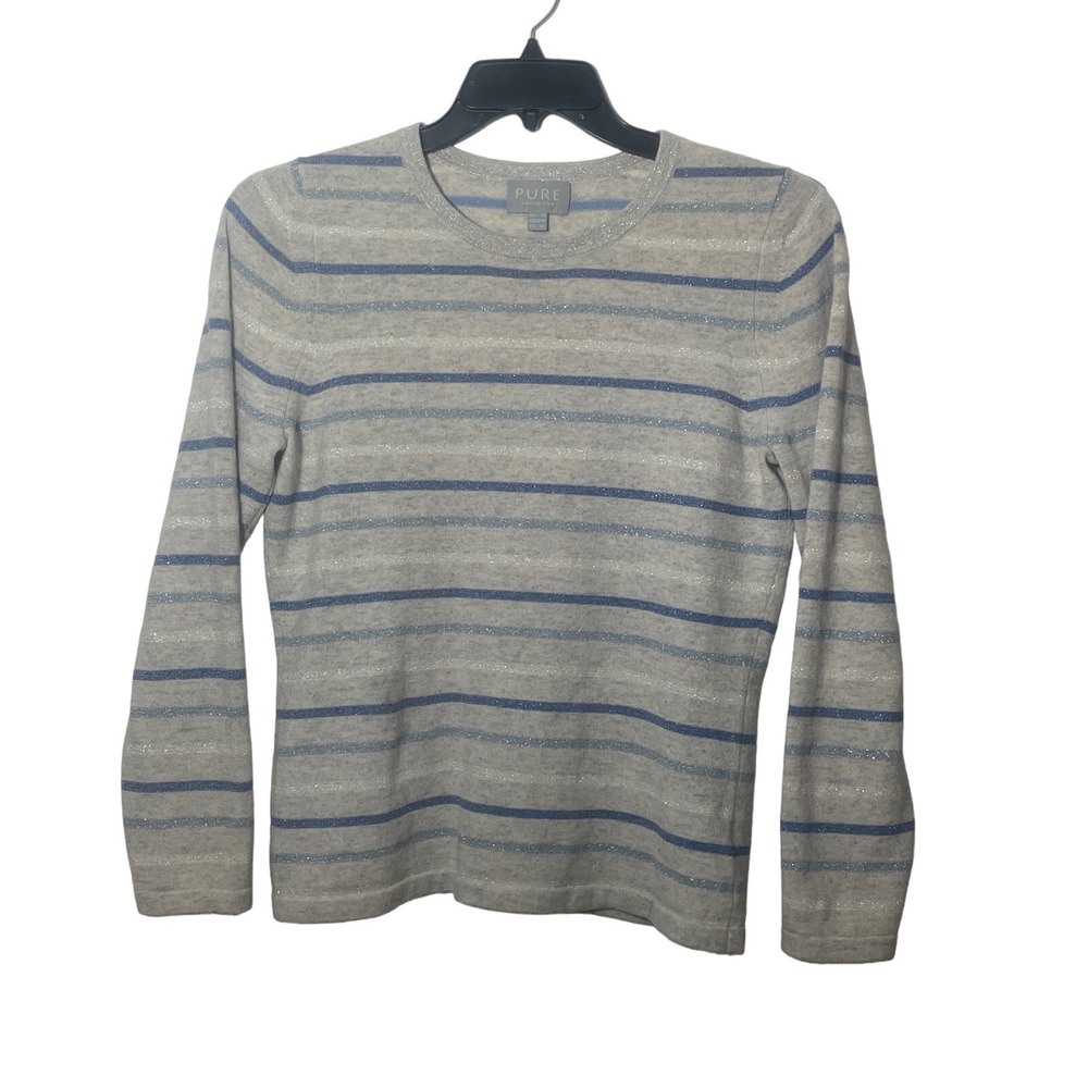 Pure 8/10 Long Sleeve Sparkle Sweater Stripe 98% Cashmere 2 Metal Fibre Gray Blu